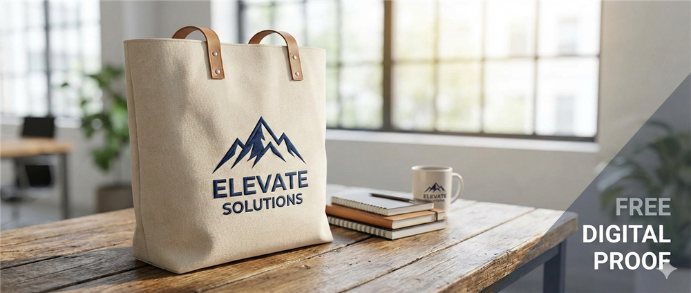 Custom branded tote bag and promotional office supplies for corporate events
